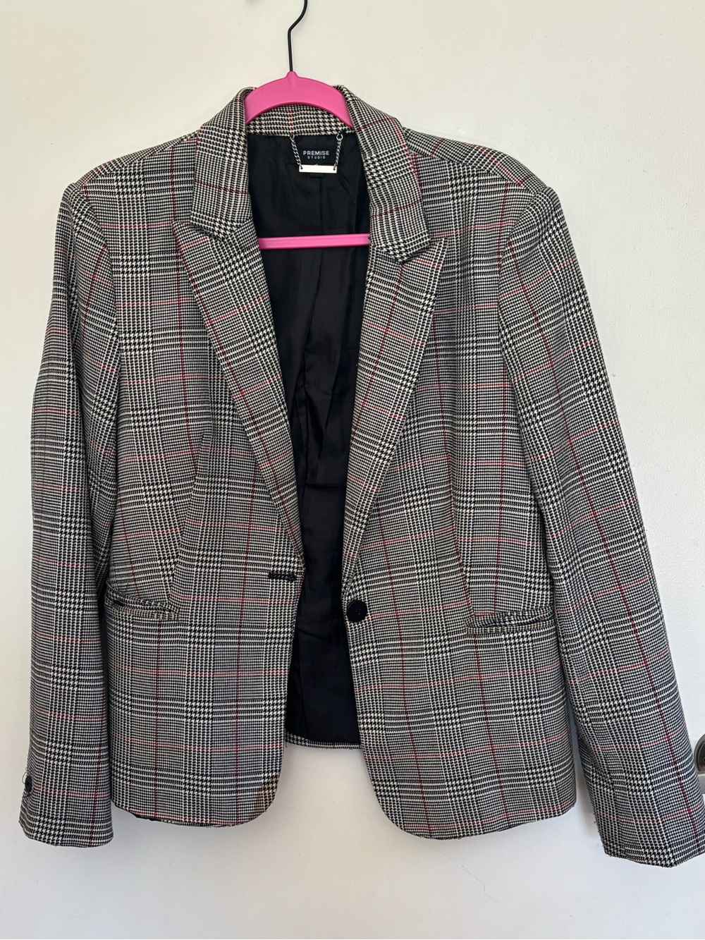 Premise Black and Gray Glen Plaid Blazer with Red Windowpane Accents